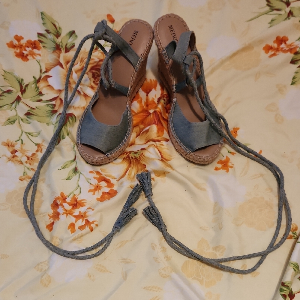 Merona Denim Espadrille Wedges with Tassel Ties